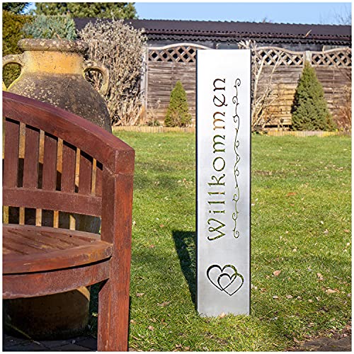 teileplus24 GS01-DH-1 Willkommen Gartenstecker Gartenschild | Rost Garten Deko | 3D Abkantung | 120cm x 21cm, Design:Doppelherz von teileplus24