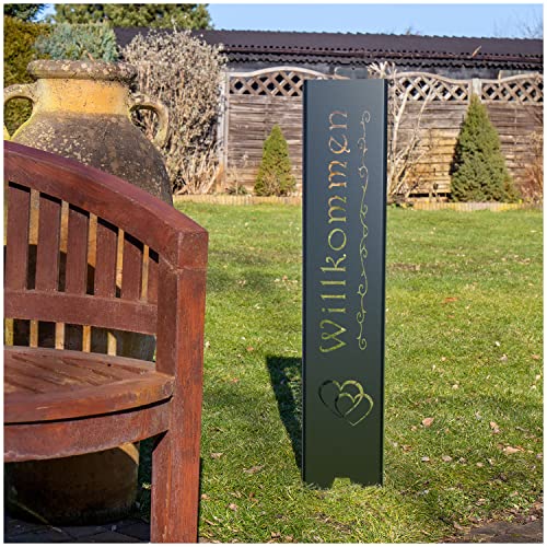 teileplus24 GS01-DH-1 Willkommen Gartenstecker Gartenschild | Schwarz Garten Deko | 3D Abkantung | 120cm x 21cm von teileplus24