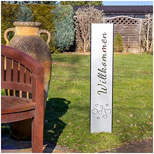 teileplus24 GS01-HH-1 Willkommen Gartenstecker Gartenschild | Rost Garten Deko | 3D Abkantung | 120cm x 21cm, Design:HerzHimmel von teileplus24