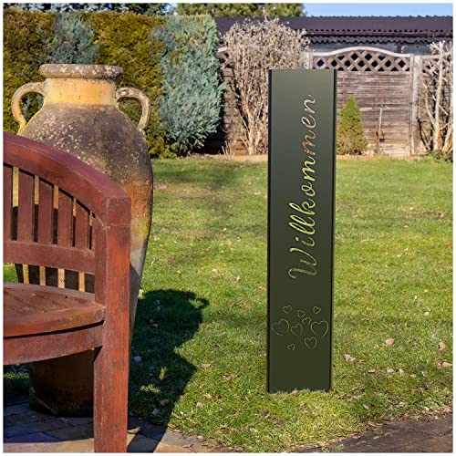teileplus24 GS01-HH-1 Willkommen Gartenstecker Gartenschild | Schwarz Garten Deko | 3D Abkantung | 120cm x 21cm von teileplus24