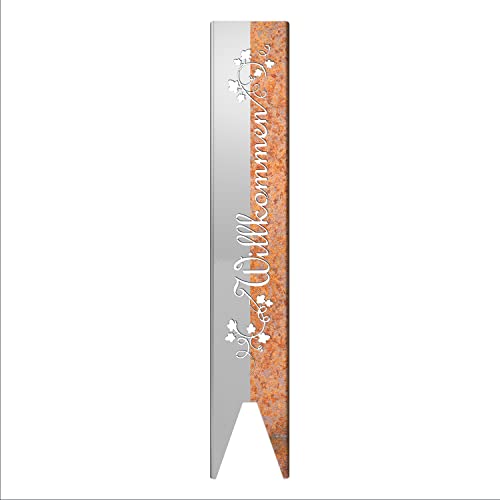 teileplus24 GS01 Rost Willkommen Gartenstecker Gartenschild | Garten Deko | 3D Abkantung | 120cm x 21cm, Design:BlumenRanken von teileplus24