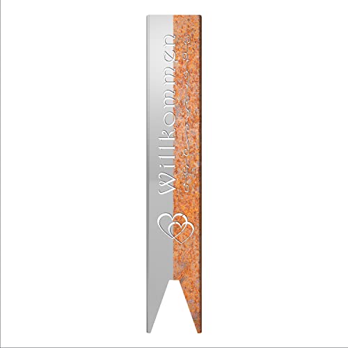 teileplus24 GS01 Rost Willkommen Gartenstecker Gartenschild | Garten Deko | 3D Abkantung | 120cm x 21cm, Design:Doppelherz von teileplus24