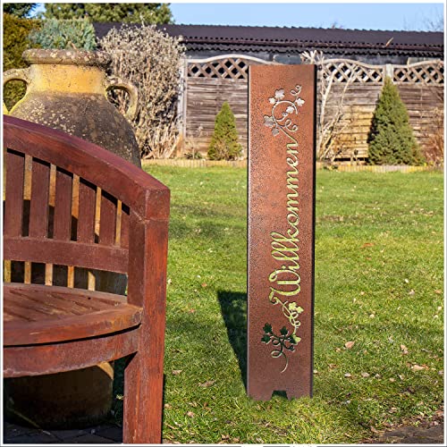 teileplus24 GS01 Willkommen Gartenstecker Gartenschild | Kupfer Antik Garten Deko | 3D Abkantung | 120cm x 21cm von teileplus24