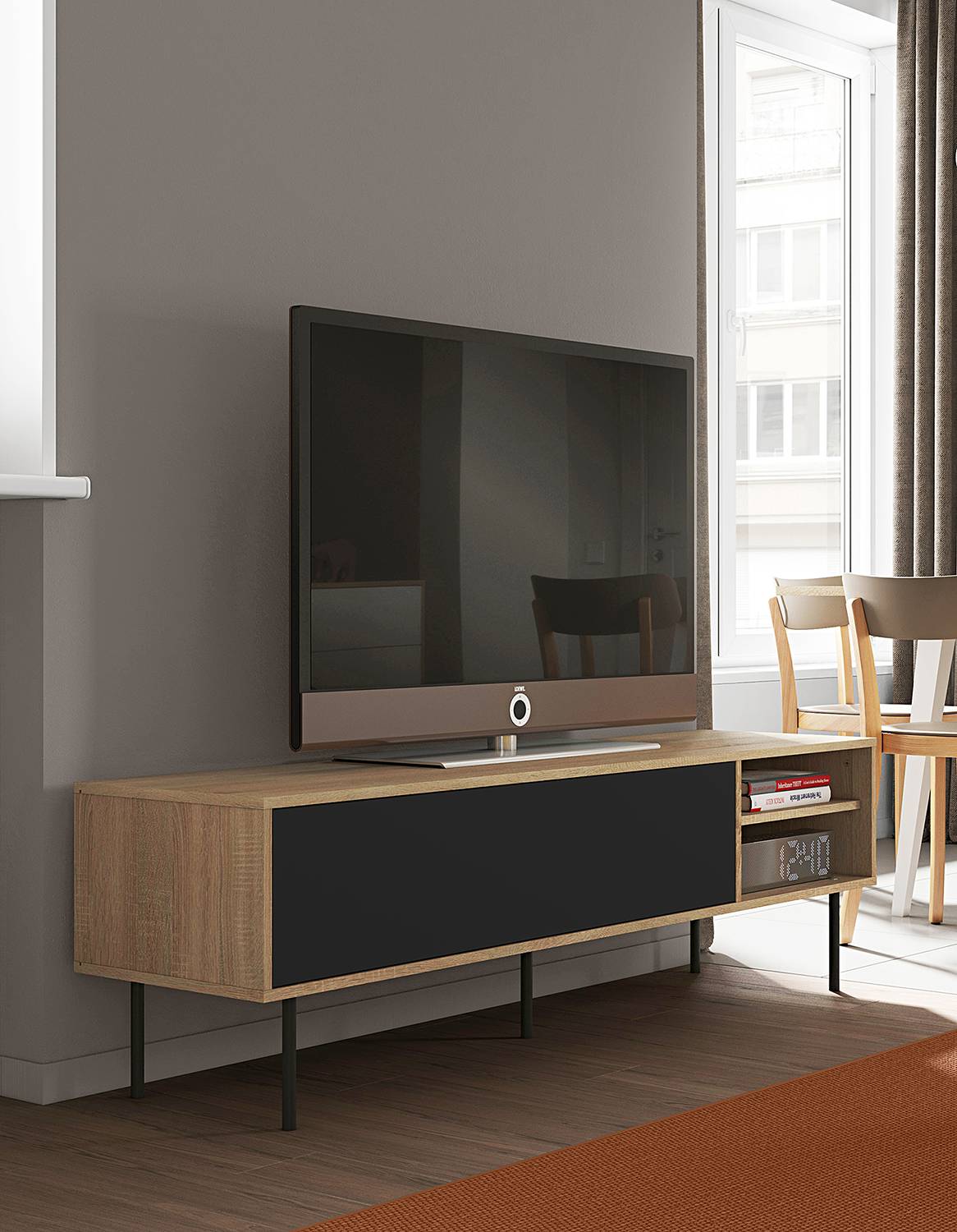 home24 TV-Lowboard Ampère Spanplatte, beschichtet Braun/Eiche Dekor/Schwarz 165 x 48 x 40cm home24 TV-Lowboard Ampère Spanplatte, beschichtet Braun/Eiche Dekor/Schwarz 165 x 48 x 40cm von home24