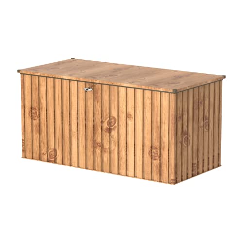 Duramax DH 1.9 (1450 L) Kissenbox aus Metall mit hydraulischer Gasdruckfeder und Vorhängeschlossöse, Terrassenbox und Gartenmöbelaufbewahrung für den Außenbereich, Holzmaserung von tepro