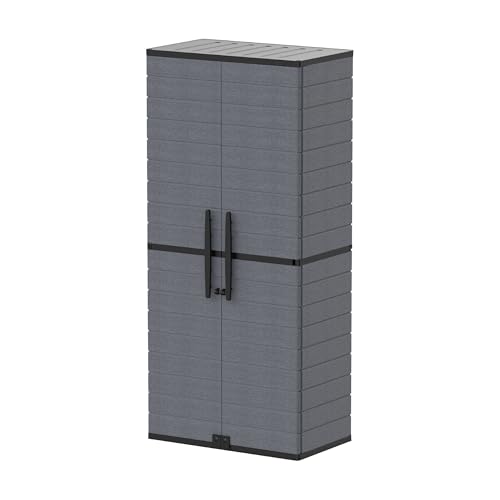 Duramax Cedargrain Schrank groß aus Kunststoff, 2-türiger Schrank mit 2 Regalen, Gartenschrank, abschließbarer Außenschrank, wasserfester Kurzschrank, Aufbewahrungsbox für den Garten, Grau von Duramax