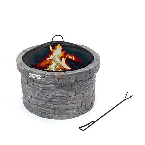 tepro Feuerstelle Gladstone Ø 67,5 cm – Outdoor Feuerstelle in eleganter Steinoptik mit Funkenschutz, Feuerrost & Schürhaken – dekorative Garten-Feuerschale mit feuerfester Stahlwanne von tepro