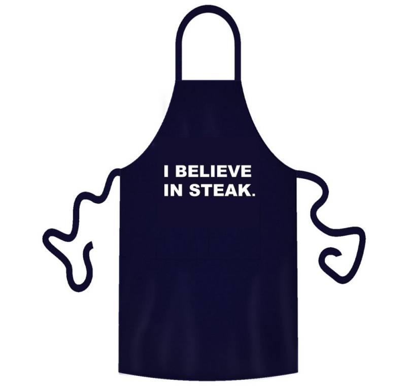 teprovo Grillschürze Kochschürze Schürze 116cm Dunkelblau I belive in Steak, (1-tlg., integrierte Taschen), mit Motiv und Spruch von teprovo