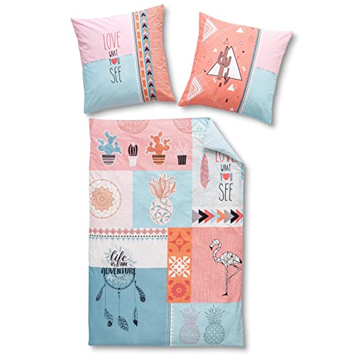 Flamingo Bettwäsche Set · Trendiger Flamingo Traumfänger Kaktus · Wende Motiv · rosa türkis blau - Kissenbezug 80x80 + Bettbezug 135x200 cm - 100% Baumwolle von termana