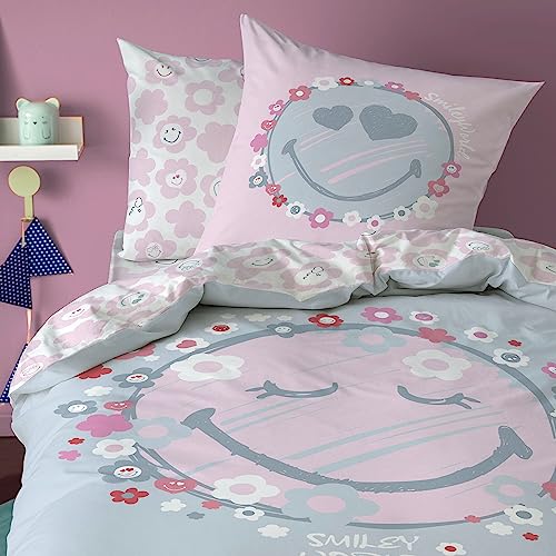 Smiley Mädchen-Bettwäsche · Happy Flower · Blumen & Sterne in rosa, grau · Kissenbezug 80x80 + Bettbezug 135x200 cm - Jugendbettwäsche/Teenagerbettwäsche von termana