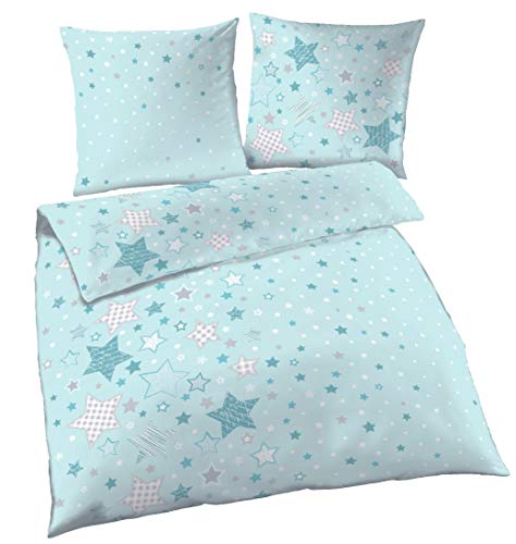 Sterne Fein Biber Mädchen Bettwäsche Stars Sterne & Sternchen Mint - Kissenbezug 80x80 + Bettbezug 135x200 cm - 100% Baumwolle von termana