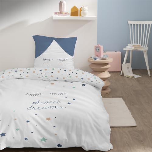 Sterne Mädchen-Bettwäsche Set · Kinderbettwäsche Sweet Dreams · Wende Motiv Wimpern · 2 teilig - Kissenbezug 80x80 + Bettbezug 135x200 cm von termana