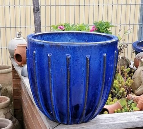 terracotta-toepfe-de NEU !! Winterfester robuster Blumentopf mit Streifendesign ca.32 cm Durchmesser, blau glasiert, Steingut Garten Deko Blumenkübel Pflanztopf von terracotta-toepfe-de