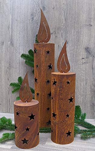 3er Set Windlicht Kerze 35 + 50 + 70 cm aus Metall Edelrost Rost Weihnachten Deko Weihnachtsbaum von terracotta-toepfe-de