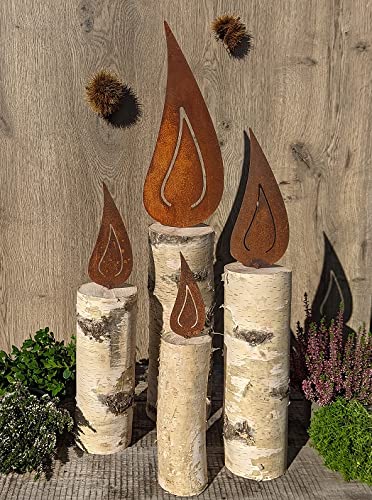 4er Set Kerzen aus Birkenholz und Metall-Flamme in Edelrost, je 1 x 64 cm, 50 cm, 42 cm, 32 cm hoch Rost Weihnachten Advent Kerze Deko von terracotta-toepfe-de