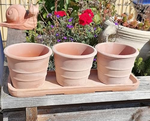 Italienisches 3 er Set Blumentöpfe mit Untersetzer echt Terrakotta, Blumenkübel Blumentopf für Garten Wohnung Terracotta Mediterran Landhaus Kräutertopf Kakteen von terracotta-toepfe-de
