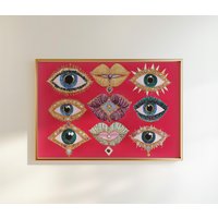 Psychedelic Eye Lips Print Glam Red Raumdekor von terracottanoon