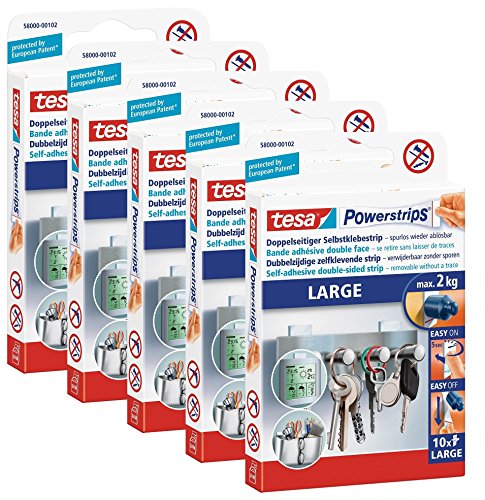 5er Pack tesa Powerstrips Strips LARGE für max. 2kg, 5 Packungen mit je 10 Strips (5) von tesa