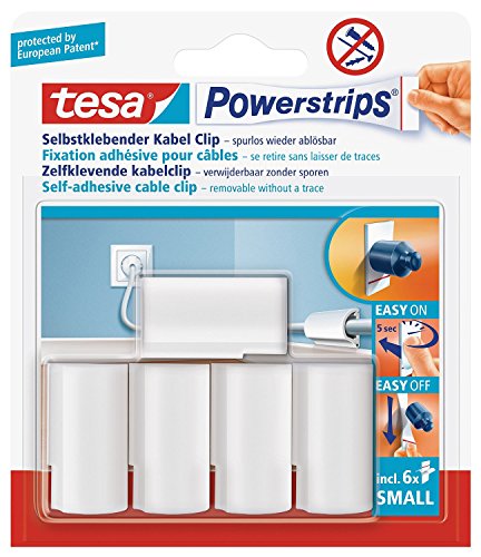 Großpackung tesa Powerstrips® Kabel-Clip, selbstklebend, spurlos wieder ablösbar, weiß (1 Großpackung | 25 Clips, Kabelclips) von tesa