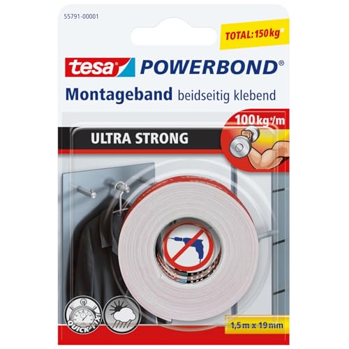 tesa Powerbond ULTRA STRONG - Doppelseitiges, extra starkes Montageband zur permanenten Befestigung im Außen- und Innenbereich - 1,5 m von tesa