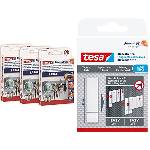 tesa Powerstrips Large im 3er Pack - Doppelseitige Klebestreifen & Powerstrips Tapete&Putz - doppelseitige Klebestreifen für Tapete und Gips - Haltekraft 1,0 kg/Nagel - 1 x 6 Streifen von tesa