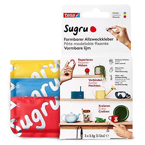 Sugru by tesa - Formbarer Allzweckkleber, 3er-Pack, 3 x 3,5 g, Rot, Blau & Gelb - vielseitige Klebeknete - zum Dekorieren, Kleben, Reparieren und für kreative DIY-Anwendungen von tesa