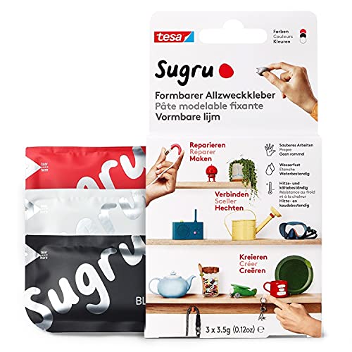 Sugru by tesa - Formbarer Allzweckkleber, 3er-Pack, 3 x 3,5 g, Schwarz, Weiß & Rot - vielseitige Klebeknete - zum Reparieren, Kleben und zum Befestigen ohne Bohren von tesa