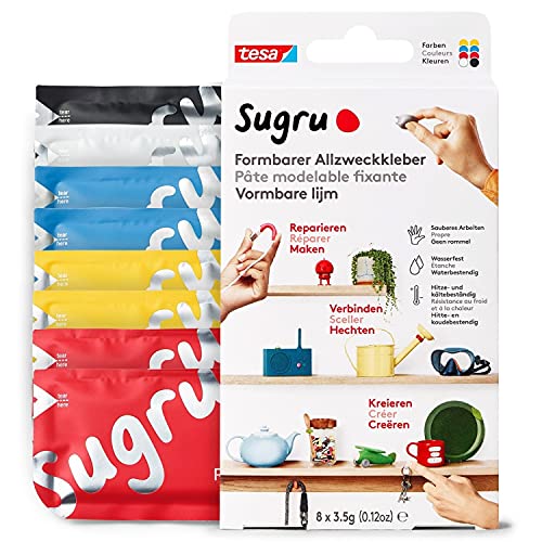 Sugru by tesa - Formbarer Allzweckkleber, 8er-Pack, 8 x 3,5 g, Rot, Blau, Gelb, Schwarz & Weiß - vielseitige Klebeknete - zum Reparieren, Kleben und zum Befestigen ohne Bohren von tesa