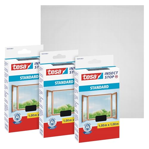 tesa Insect Stop STANDARD Fliegengitter für Fenster im 3er Pack - Insektenschutz zuschneidbar - Mückenschutz ohne Bohren - 3 x Fliegen Netz anthrazit - 100 cm x 100 cm von TESA