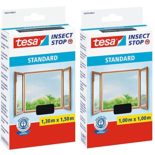 TESA5 tesa Fliegengitter für Fenster, Standard Qualität, anthrazit, 1,3m x 1,5m & Insect Stop STANDARD Fliegengitter für Fenster - Mückenschutz ohne Bohren - 1 x Fliegen Netz anthrazit - 100 x 100 cm von tesa