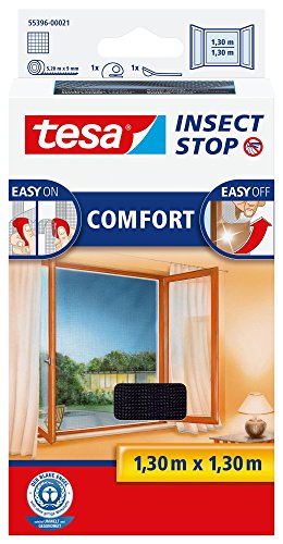 tesa Insect Stop COMFORT Fliegengitter für Fenster - Insektenschutz mit Klettband selbstklebend - Fliegen Netz ohne Bohren - anthrazit (durchsichtig), 130 cm x 130 cm von tesa