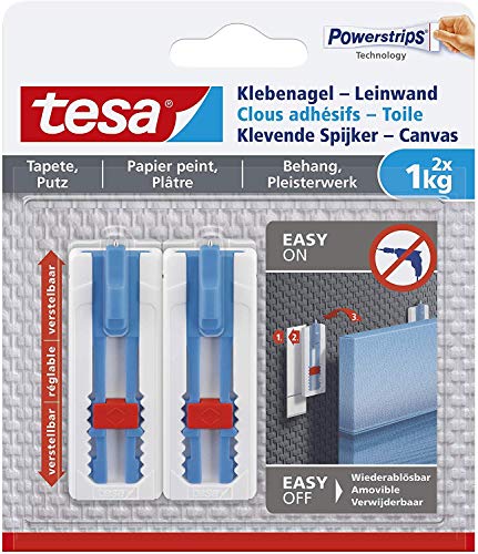 Tesa 77778 Klebenagel Tapeten & Putz-höhenverstellbar-Selbstklebender ideal für Leinwand & Keilrahmen-hält bis 1kg/Nagel-spurlos ablösbar, Weiß (Auf Tapete & Putz | 5er Pack) von tesa