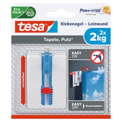 tesa Klebenagel Tapeten & Putz - höhenverstellbar - selbstklebender Nagel - ideal für Leinwand & Keilrahmen - Halteleistung 2kg/Nagel - spurlos ablösbar von TESA