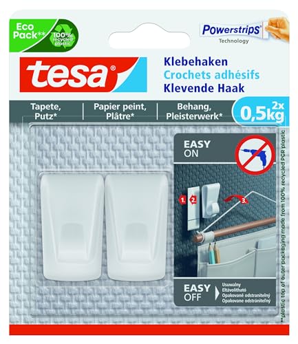 tesa Klebehaken Tapeten & Putz - selbstklebender Haken - ideal zur Befestigung von Girlanden & Lichterketten - hält bis zu 0,5kg/Haken - spurlos ablösbar von tesa