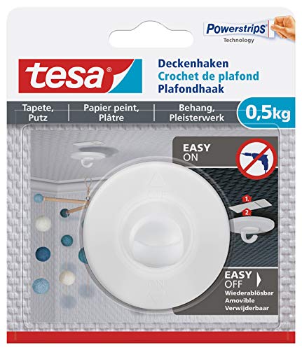 tesa Deckenhaken Tapeten & Putz - selbstklebender Haken - ideal zur Befestigung von Deko-Objekten - hält bis zu 0,5kg/Haken - spurlos ablösbar von tesa