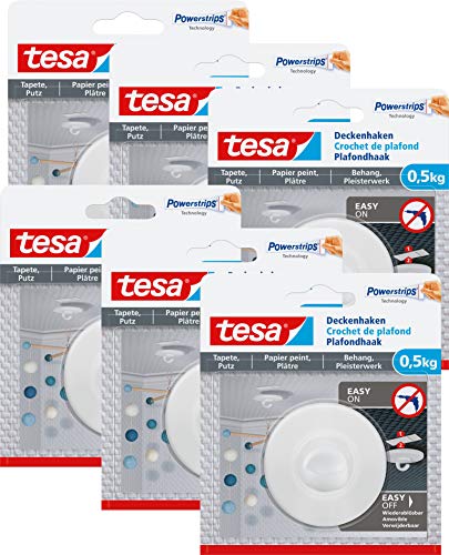Tesa 77781 Deckenhaken Tapeten & Putz - ideal zur Befestigung von Deko-Objekten-hält bis zu 0,5kg/Haken-spurlos ablösbar, Weiß (6er Pack) von tesa