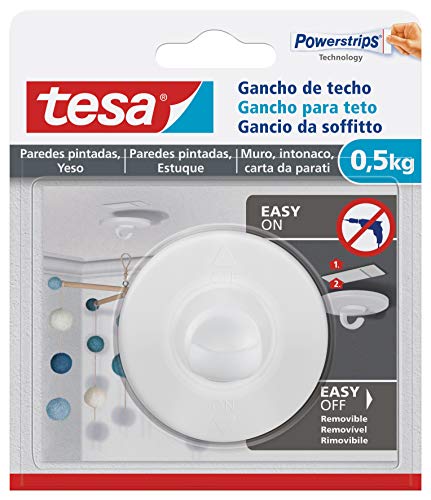 tesa® Deckenhaken für Tapeten und Gips - Selbstklebender Haken - ideal zum Anbringen von Dekoelementen - Jeder Haken trägt bis zu 0,5 kg - rückstandslos entfernbar von tesa