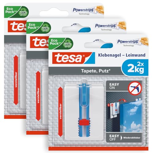 tesa Klebenagel Tapeten & Putz im 3er Pack - höhenverstellbar - selbstklebender Nagel - ideal für Leinwand & Keilrahmen - Halteleistung 2kg/Nagel - spurlos ablösbar - 3 x 2 Nägel von TESA