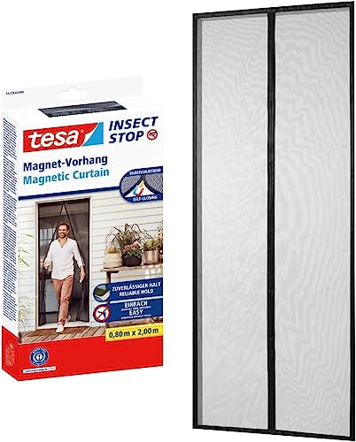 tesa Magnetvorhang selbstschließend - Insektenschutzvorhang mit Magneten für Balkon- und Terrassentüren - zur einfachen Montage ohne Bohren - 2,0 m x 0,8 m, Anthrazit von tesa