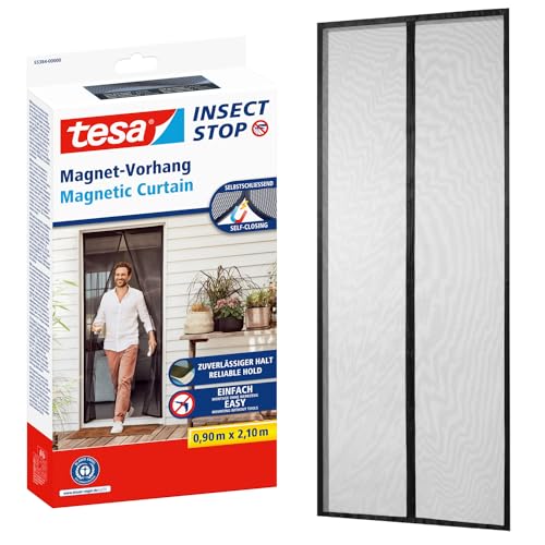 tesa Magnetvorhang selbstschließend - Insektenschutzvorhang mit Magneten für Balkon- und Terrassentüren - zur einfachen Montage ohne Bohren - 2,1 m x 0,9 m von tesa