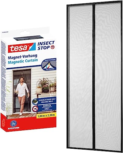 tesa Magnetvorhang selbstschließend - Insektenschutzvorhang mit Magneten für Balkon- und Terrassentüren - zur einfachen Montage ohne Bohren - 2,2 m x 1,0 m, Anthrazit von tesa