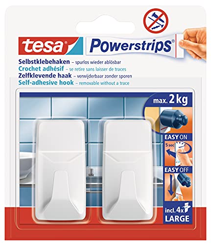 tesa Powerstrips Haken Large ECKIG - Selbstklebender Wandhaken für Glas, Kacheln, Holz, Kunststoff und andere Untergründe - Weiß von tesa