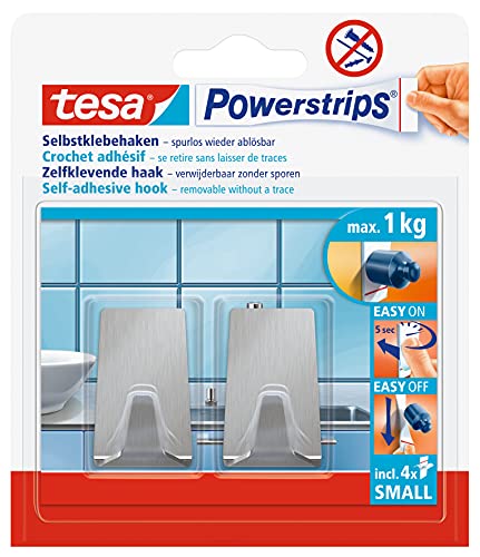 tesa Powerstrips Haken Small Metall ECKIG - Selbstklebender Wandhaken für Glas, Kacheln, Holz, Kunststoff und andere Untergründe - Metall von tesa