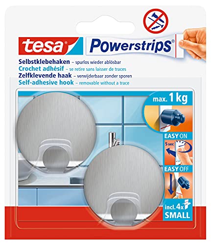 tesa Powerstrips Haken Small Metall RUND - Selbstklebender Wandhaken für Glas, Kacheln, Holz, Kunststoff und andere Untergründe - Metall von tesa