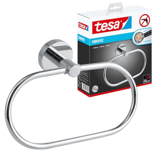 tesa SMOOZ Handtuchring, verchromt - Handtuchhalter-Ring oval - zur Wandbefestigung ohne Bohren, inkl. Klebelösung - 53 mm x 184 mm x 130 mm von tesa