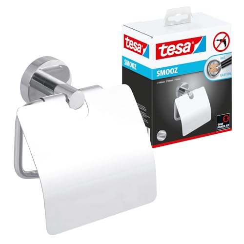 tesa SMOOZ Toilettenpapierhalter mit Deckel, verchromt - WC-Rollenhalter zur Wandbefestigung ohne Bohren, inkl. Klebelösung - 145mm x 130mm x 54mm von tesa