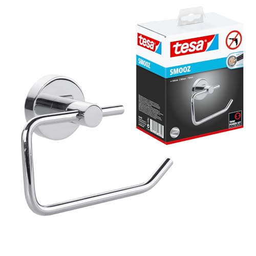 tesa SMOOZ Toilettenpapierhalter, verchromt - WC-Rollenhalter zur Wandbefestigung ohne Bohren, inkl. Klebelösung - 140mm x 100mm x 50mm von tesa