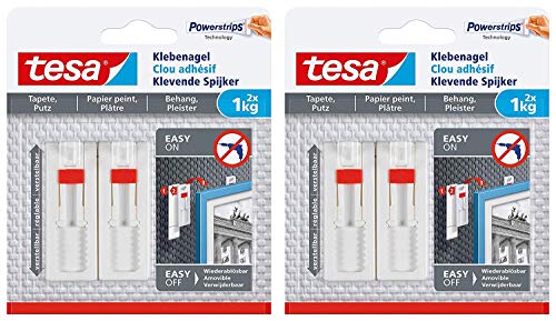 Tesa Verstellbarer Klebenagel für Tapeten und Putz/Selbstklebender Nagel von tesa Powerstrips / 2 x 1 kg Halteleistung (1 kg - 2x 2 Nägel) von Tesa Assa Abloy