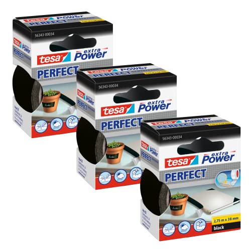 tesa extra Power Perfect Gewebeband im 3er Pack - Gewebeverstärktes Ductape zum Basteln, Reparieren, Befestigen, Verstärken und Beschriften - Schwarz - 3x 2,75 m x 38 mm von tesa