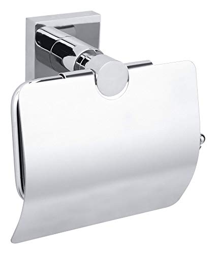 tesa HUKK Toilettenpapierhalter mit Deckel, verchromt - WC-Rollenhalter zur Wandbefestigung ohne Bohren, inkl. Klebelösung - 140mm x 130mm x 70mm von tesa